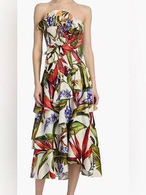 Farm Rio Sand Florart Strapless Tropical Ruffle Midi Dress